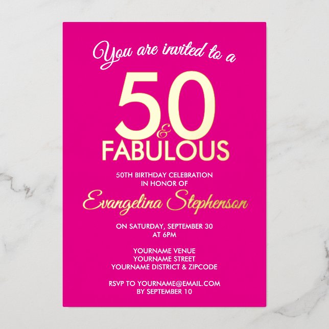 Invitación Con Relieve Metalizado 50 and Fabulous Modern Pink Gold 50th Birthday  (Anverso)
