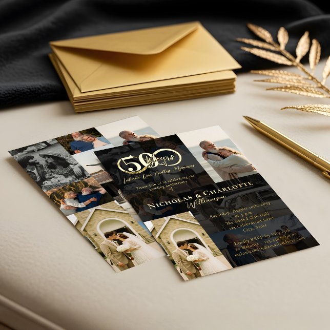 Invitación Con Relieve Metalizado 50° aniversario Boda entonces y ahora Collage de f (50th Wedding Anniversary Then & Now Photo Collage Foil Invitation (Front & Back))