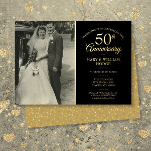 Invitación Con Relieve Metalizado 50° Aniversario Boda Foto Negra Y Oro