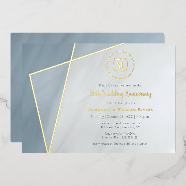 Invitación Con Relieve Metalizado 50° aniversario celebración del polvoriento marco  (Anverso/Reverso)