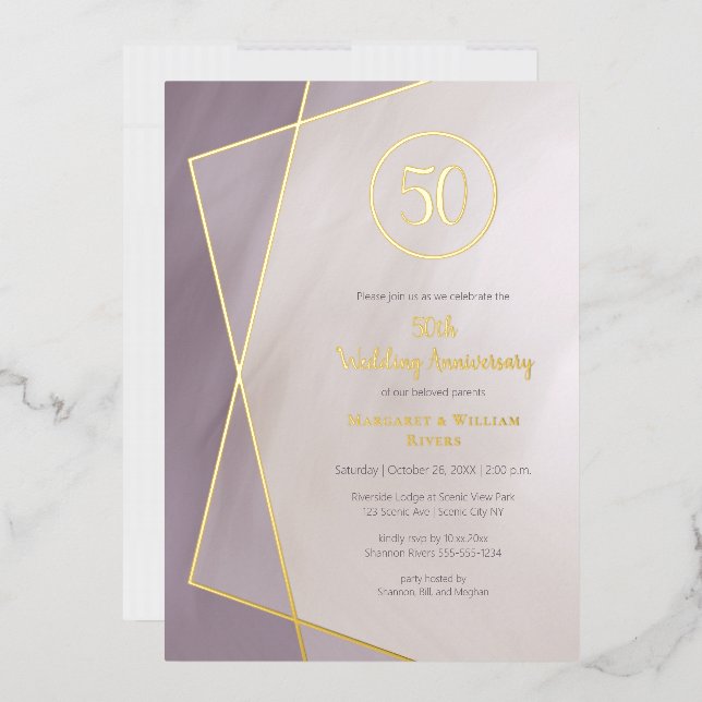 Invitación Con Relieve Metalizado 50° aniversario ciruela enmudecida con oro (Sobre)