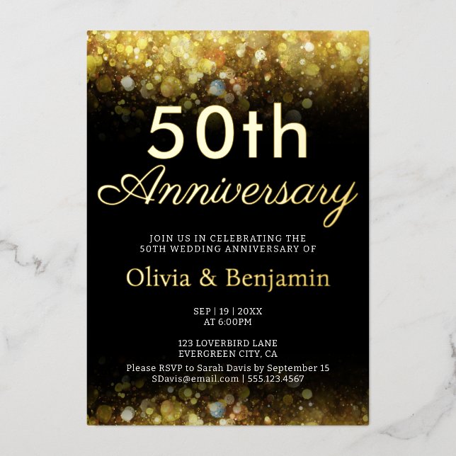 Invitación Con Relieve Metalizado 50° Aniversario del Boda de la Luz del Oro (Anverso)