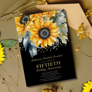 Invitación Con Relieve Metalizado 50° Aniversario del Boda del oro de los girasoles
