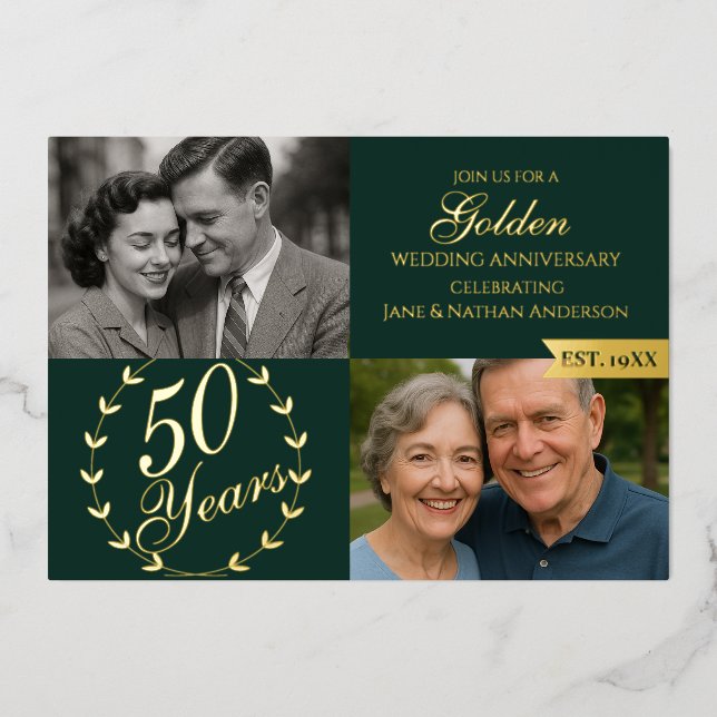 Invitación Con Relieve Metalizado 50° Aniversario del Boda Dorado Foto verde (Anverso)