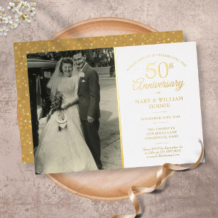 Invitación Con Relieve Metalizado 50 Aniversario del Boda Heart Confetti Foto Oro