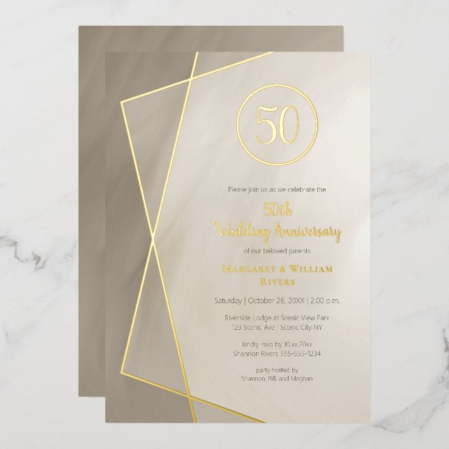 Invitación Con Relieve Metalizado 50 aniversario gris antiguo con dorado (Anverso/Reverso)
