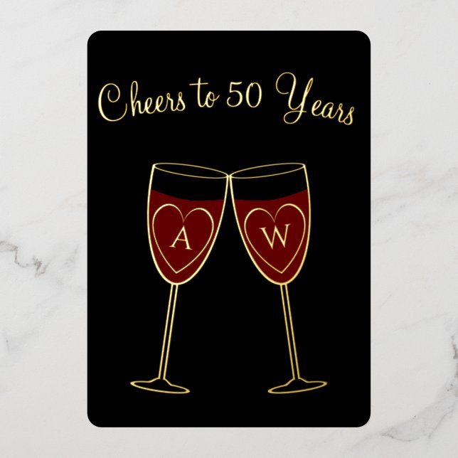 Invitación Con Relieve Metalizado 50 Aniversario Monograma Vinos Saludos Oro (Anverso)