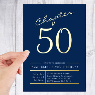 Invitación Con Relieve Metalizado 50 Blue 50th Birthday Party Gold