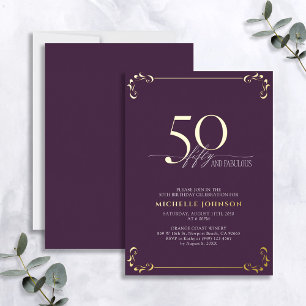 Invitación Con Relieve Metalizado 50 & Fabuloso Cumpleaños con Caligrafía Purpura y 