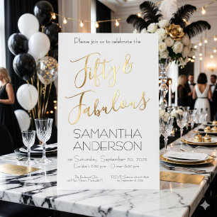 Invitación Con Relieve Metalizado 50 & Fabuloso Negro Elegante Cumpleaños 50 Fiesta