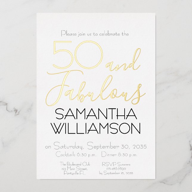 Invitación Con Relieve Metalizado 50 & Fabulous 50th Birthday Party Black Elegant (Anverso)