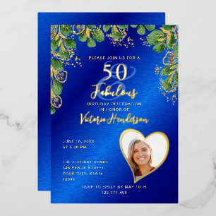 Invitación Con Relieve Metalizado 50 y Cumpleaños Fabuloso Azul Real y Dorado