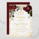 Invitación Con Relieve Metalizado 50 y fabulosa fiesta de cumpleaños floral Glam Ros<br><div class="desc">Elegantes y elegantes rosas florales de color rojo oscuro y burdeos con perlas de semilla en un marco de plaqueta "50 y fabuloso" diseño de fiesta de cumpleaños de Holiday Hearts Designs. Todo el texto es Relieve metalizado oro real y el marco de bandeja es una combinación de Relieve metalizado...</div>