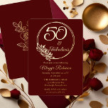 Invitación Con Relieve Metalizado 50 y fabulosa fiesta de cumpleaños número 50 estam<br><div class="desc">Elegante diseño de tipografía "50 and Fabulous" diseño de fiesta de 50 años con un contorno rosa de marco circular. La parte posterior presenta un contorno rosa en tono dorado (no en Relieve metalizado dorado). El fondo delantero y trasero es de color rojo oscuro borgoñoso.</div>