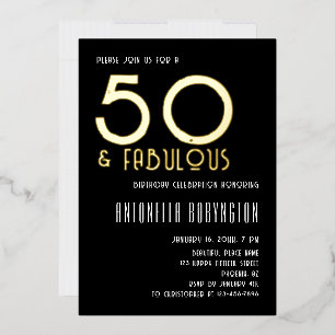 Invitación Con Relieve Metalizado 50 y fabulosa tipografía retro de oro blanco negro