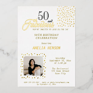 Invitación Con Relieve Metalizado 50 y fabuloso brillo dorado foto cumpleaños 50