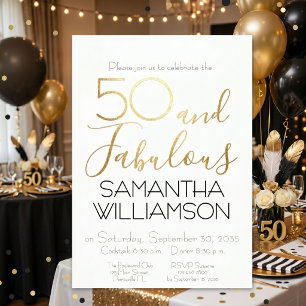 Invitación Con Relieve Metalizado 50 y Fabuloso Cumpleaños 50 Fiesta Negro Elegante