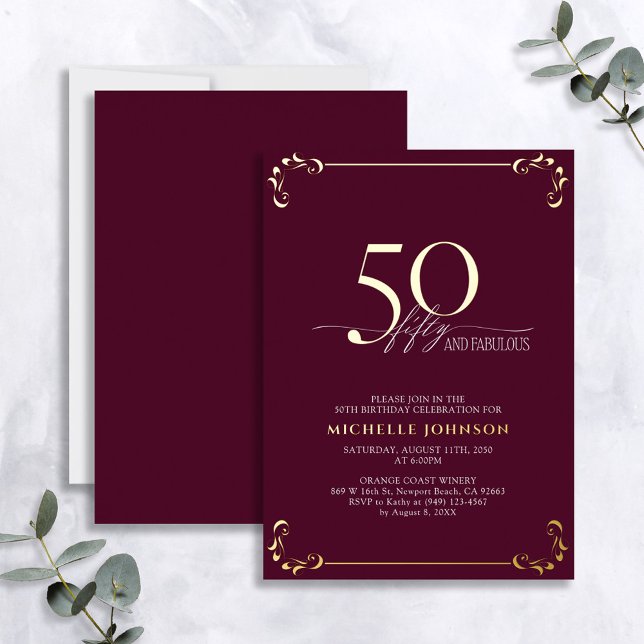 Invitación Con Relieve Metalizado 50 y fabuloso cumpleaños de Borgoña y caligrafía d (Subido por el creador)