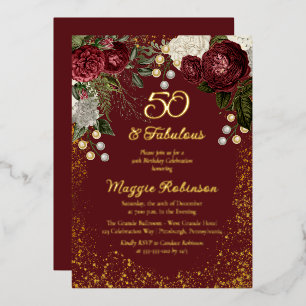 Invitación Con Relieve Metalizado 50 y Fabuloso Cumpleaños Fiesta Rosa Floral Glam