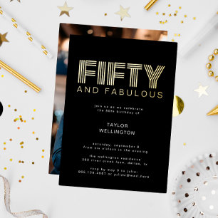 Invitación Con Relieve Metalizado 50 y fabuloso cumpleaños moderno de tema negro