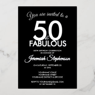 Invitación Con Relieve Metalizado 50 y fabuloso cumpleaños moderno negro plata 50