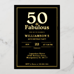 Invitación Con Relieve Metalizado 50 y fabuloso   Cumpleaños negro y oro