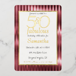 Invitación Con Relieve Metalizado 50 y fabuloso Cumpleaños rayas rojas oro glamour