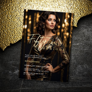 Invitación Con Relieve Metalizado 50 y fabuloso foto negro oro