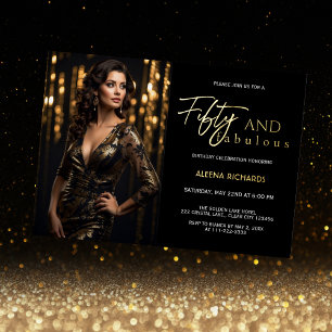 Invitación Con Relieve Metalizado 50 y Fabuloso Foto Negro Oro