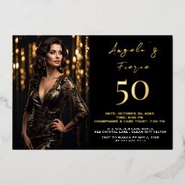 Invitación Con Relieve Metalizado 50 y Fabuloso Foto Negro Oro