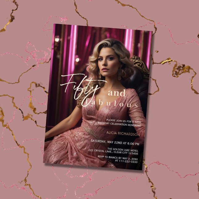 Invitación Con Relieve Metalizado 50 y Fabuloso Foto Rosa Dorado (Subido por el creador)