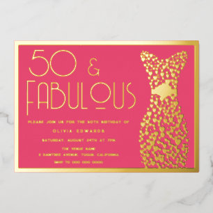 Invitación Con Relieve Metalizado ¡50 y fabuloso! Hot Pink 50 Birthday Party Gold