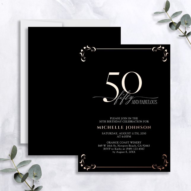 Invitación Con Relieve Metalizado 50 y fabuloso Rosa negro caligrafía de oro cumplea (Subido por el creador)