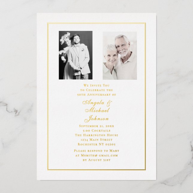 Invitación Con Relieve Metalizado 50th Anniversary Chic White Gold Border (Anverso)