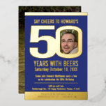 Invitación Con Relieve Metalizado 50th Birthday party blue gold foil photo beer<br><div class="desc">Bold simple graphic Say Cheers with beers dark blue, and gold foil or your own foil color photo template 50th birthday party invitation. Personalize this milestone birthday invitation with your own birthday party event details, and a photos of your birthday boy or girl in the center of the 0 in...</div>