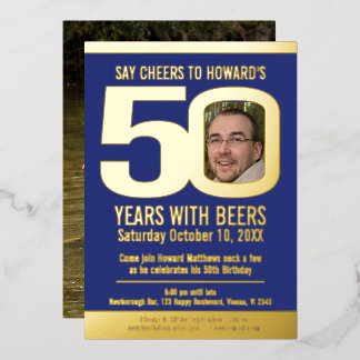 Invitación Con Relieve Metalizado 50th Birthday party blue gold foil photo beer 