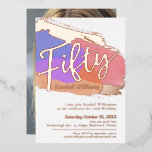 Invitación Con Relieve Metalizado 50th Birthday party rose gold foil photo abstract<br><div class="desc">Bold abstract art brush strokes in muted dusty pink, coral orange, purple and blue with rose gold foil or your own foil color photo template 50th birthday party invitation. Personalize this fifty script art milestone birthday invitation with your own birthday party event details, and a photos of your birthday girl...</div>