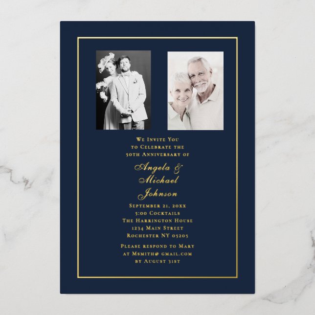 Invitación Con Relieve Metalizado 50th Wedding Anniversary Navy Gold Border   (Anverso)