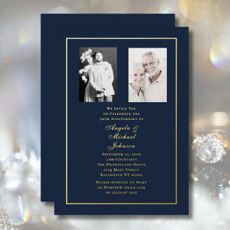 Invitación Con Relieve Metalizado 50th Wedding Anniversary Navy Gold Border  