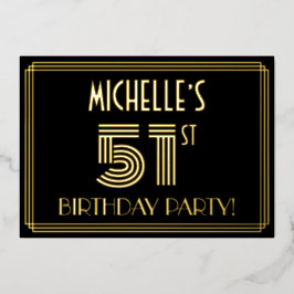 Invitación Con Relieve Metalizado 51ª Fiesta de Cumpleaños — Estilo Art Deco "51" + 