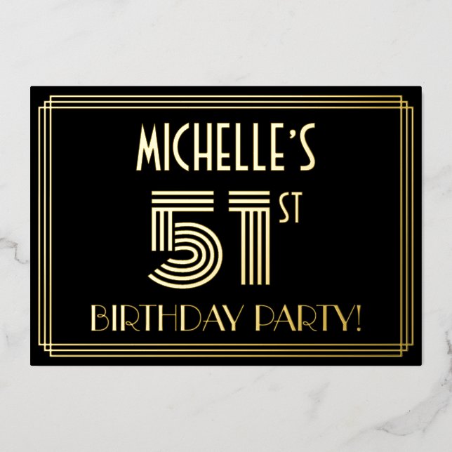 Invitación Con Relieve Metalizado 51ª Fiesta de Cumpleaños — Estilo Art Deco "51" +  (Anverso)