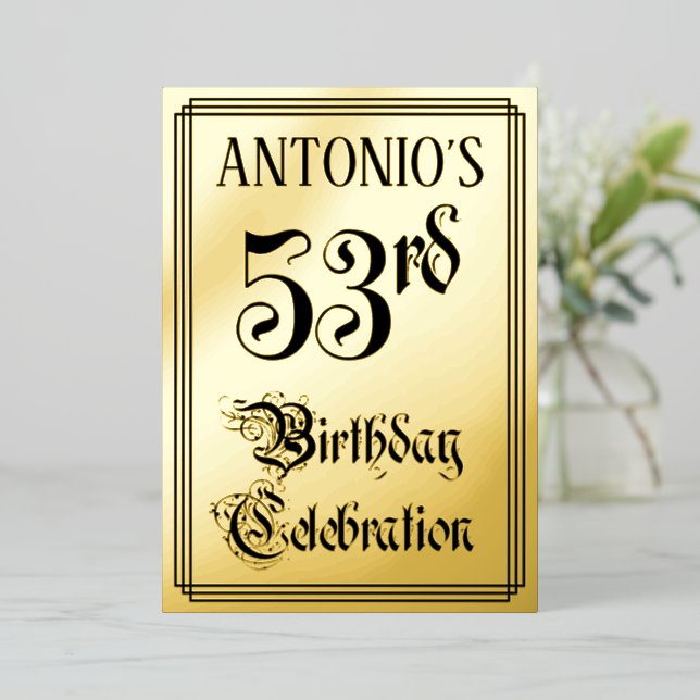 Invitación Con Relieve Metalizado 53.ª Fiesta de Cumpleaños — Guión elegante + Nombr (Anverso de pie)