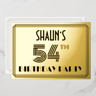 Invitación Con Relieve Metalizado 54ª Fiesta de Cumpleaños — Estilo Art Deco "54" y