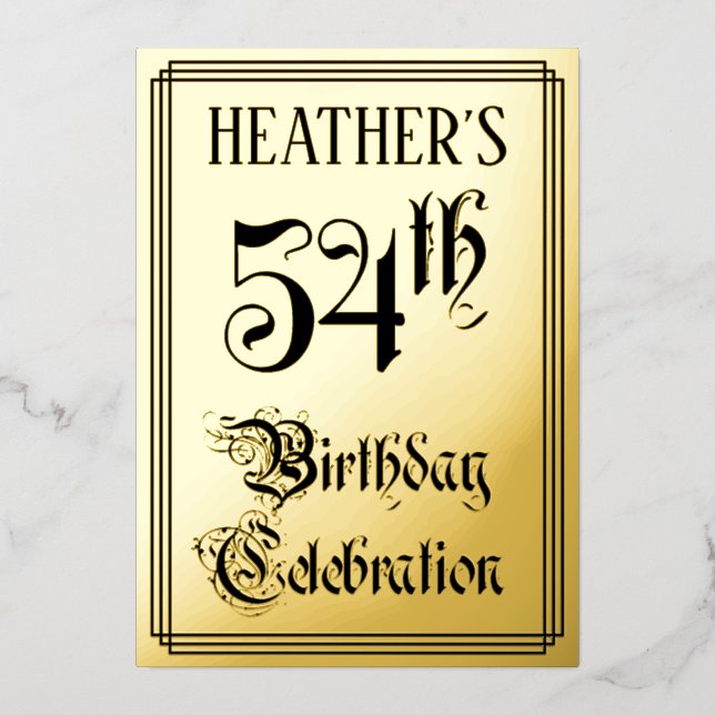Invitación Con Relieve Metalizado 54ª Fiesta de Cumpleaños — Guión Elegante + Nombre (Anverso)