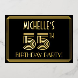 Invitación Con Relieve Metalizado 55ª Fiesta de Cumpleaños — Estilo Art Deco "55" + 