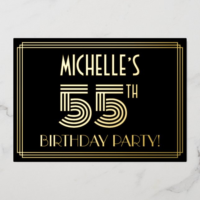 Invitación Con Relieve Metalizado 55ª Fiesta de Cumpleaños — Estilo Art Deco "55" +  (Anverso)