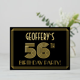 Invitación Con Relieve Metalizado 56ª Fiesta de Cumpleaños — Estilo Art Deco "56" + 