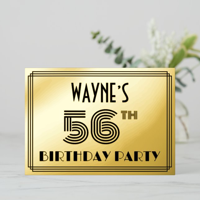 Invitación Con Relieve Metalizado 56ª Fiesta de Cumpleaños — Estilo Art Deco "56" y  (Anverso de pie)