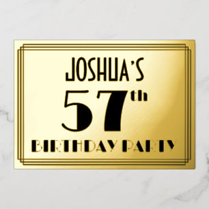 Invitación Con Relieve Metalizado 57ª Fiesta de Cumpleaños — Aspecto Art Deco "57" +