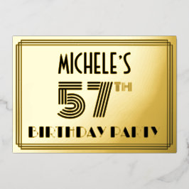 Invitación Con Relieve Metalizado 57ª Fiesta de Cumpleaños — Estilo Art Deco "57" y 